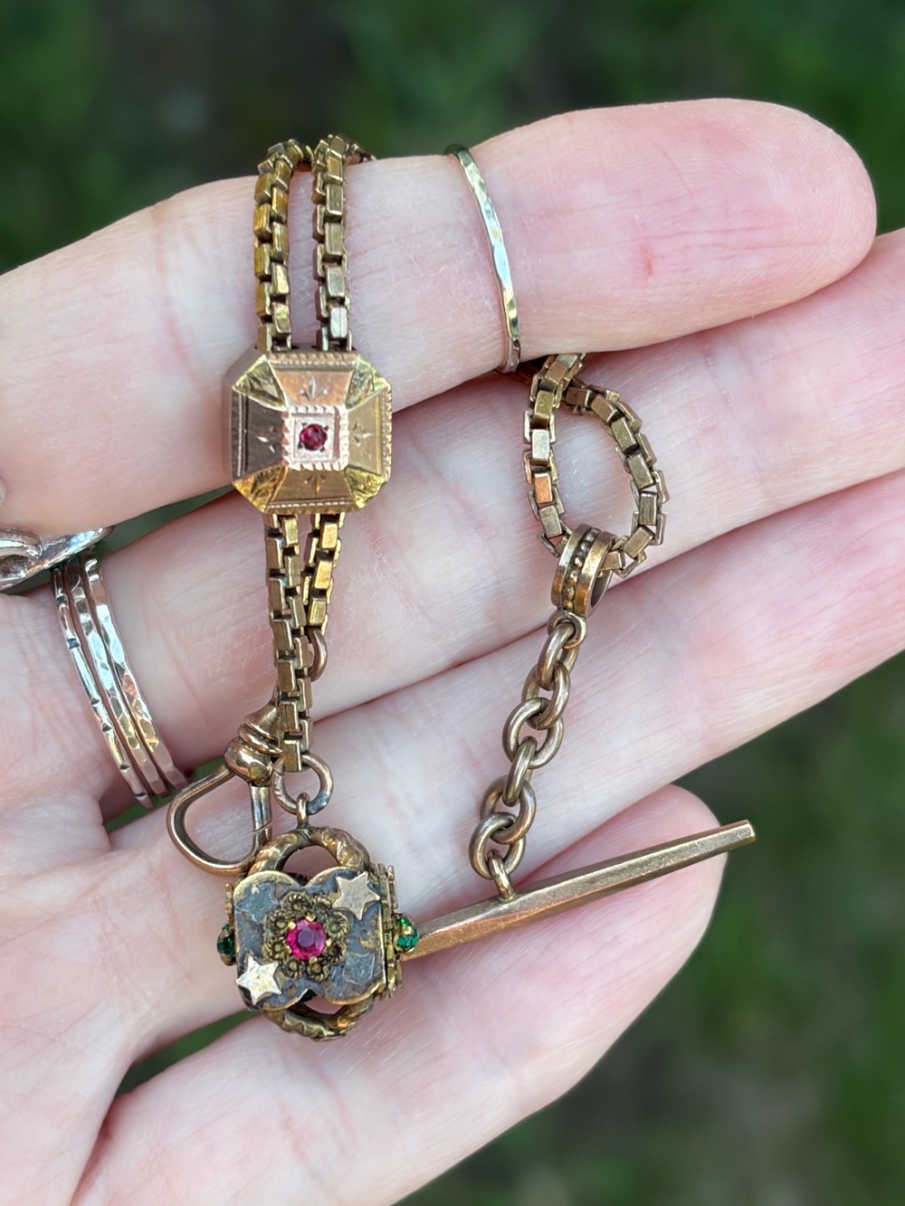 Victorian Gold Fill Or Gold Shell Pocket Watch Fob With Different Color Gems - Picture 15 of 16